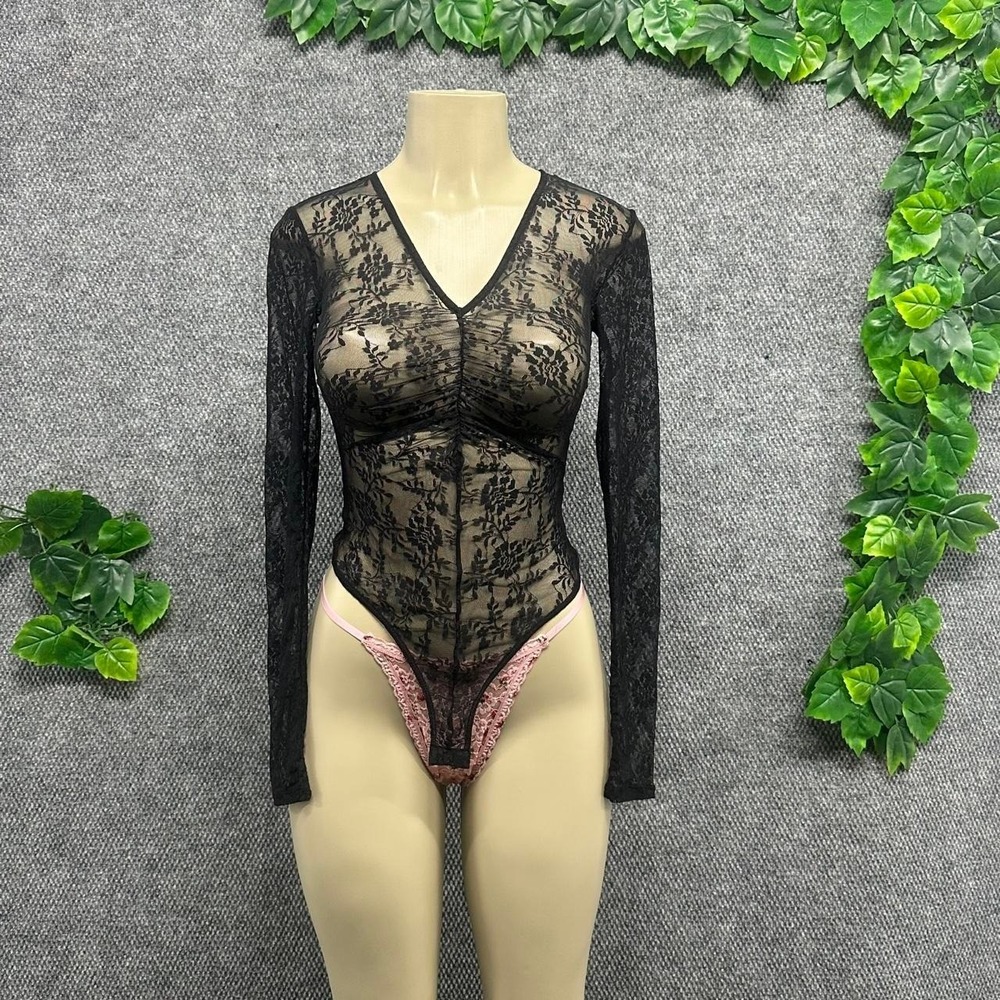 Black Sheer Floral Lace Long Sleeve Bodysuit